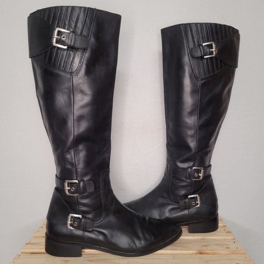 Michael Kors Tatum Triple Buckle Black Leather Tall Knee High Boots Womens 9